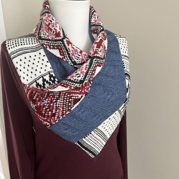 Desigual Patchwork Shawl Neck Pullover Sweater S Burgundy Cottagecore - Picture 4 of 16
